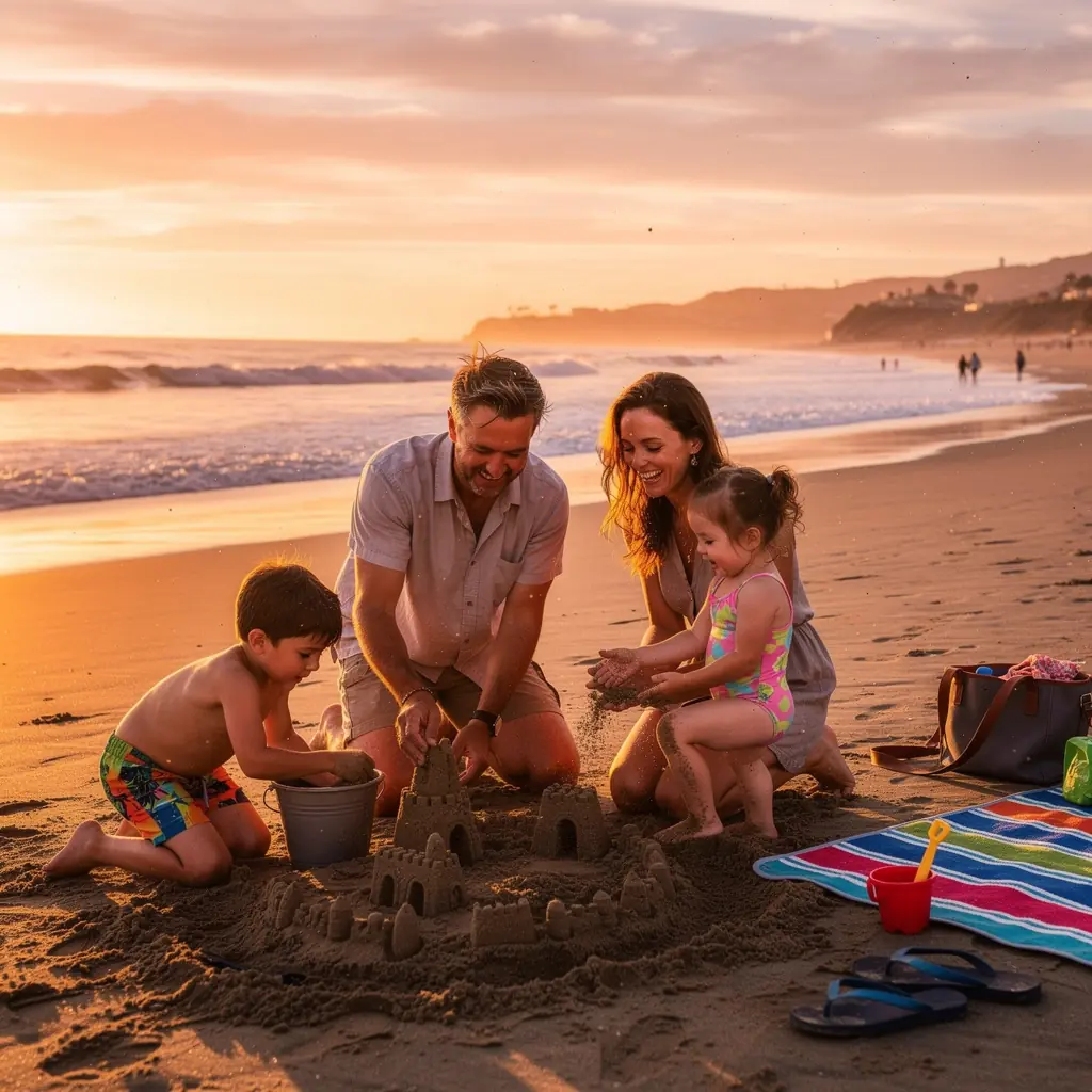 Семейная группа, обсуждающая маршрут путешествия у туристического информационного центра.