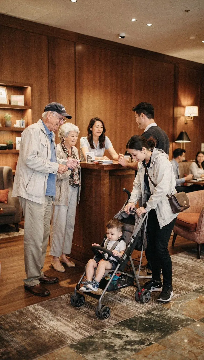 Счастливая семья, позирующая на фоне достопримечательности с доступом для инвалидов.